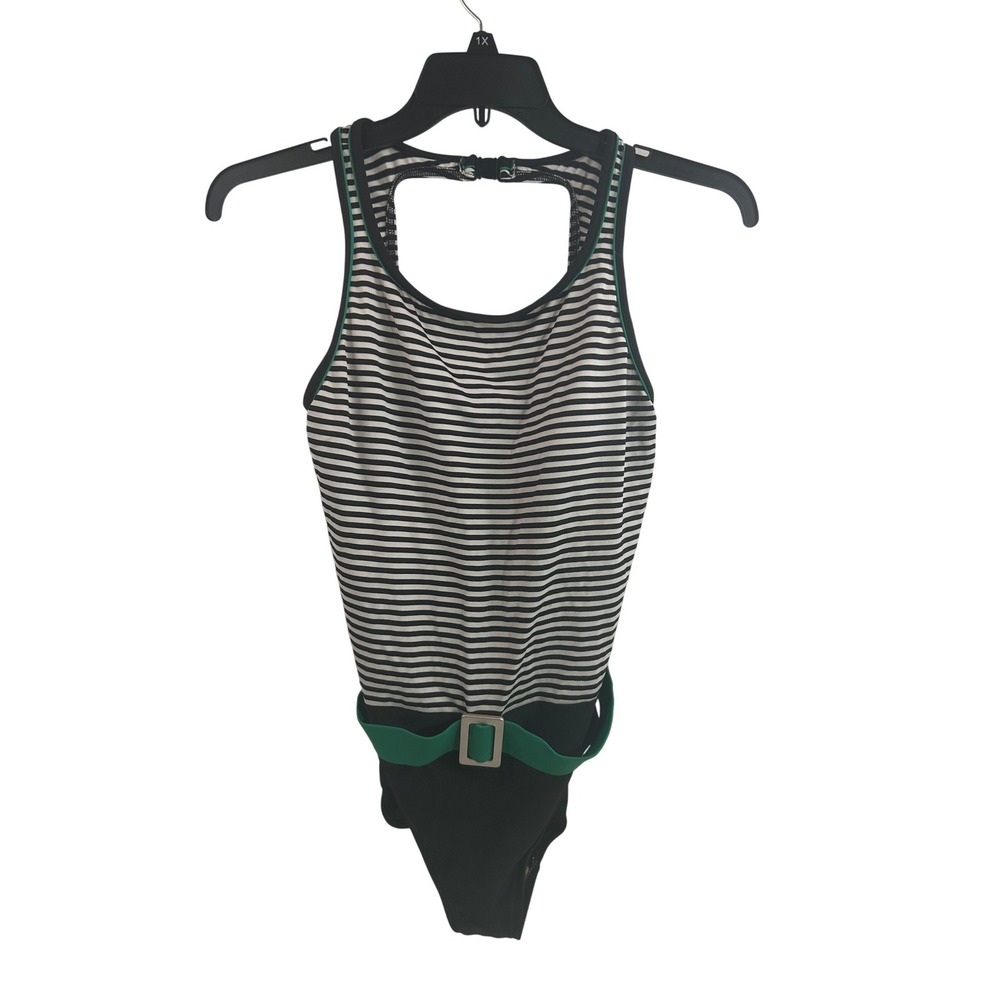 Body I.D. One Piece Swimsuit 14 Black White Striped Belted Women